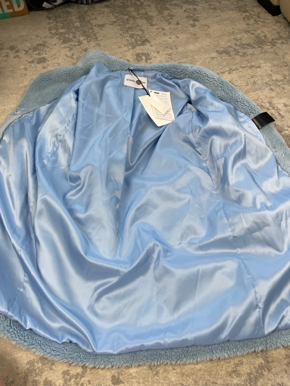 NWT Stand Studio Camilla Cocoon Coat Faux Fur Fleece Blue Sz 36